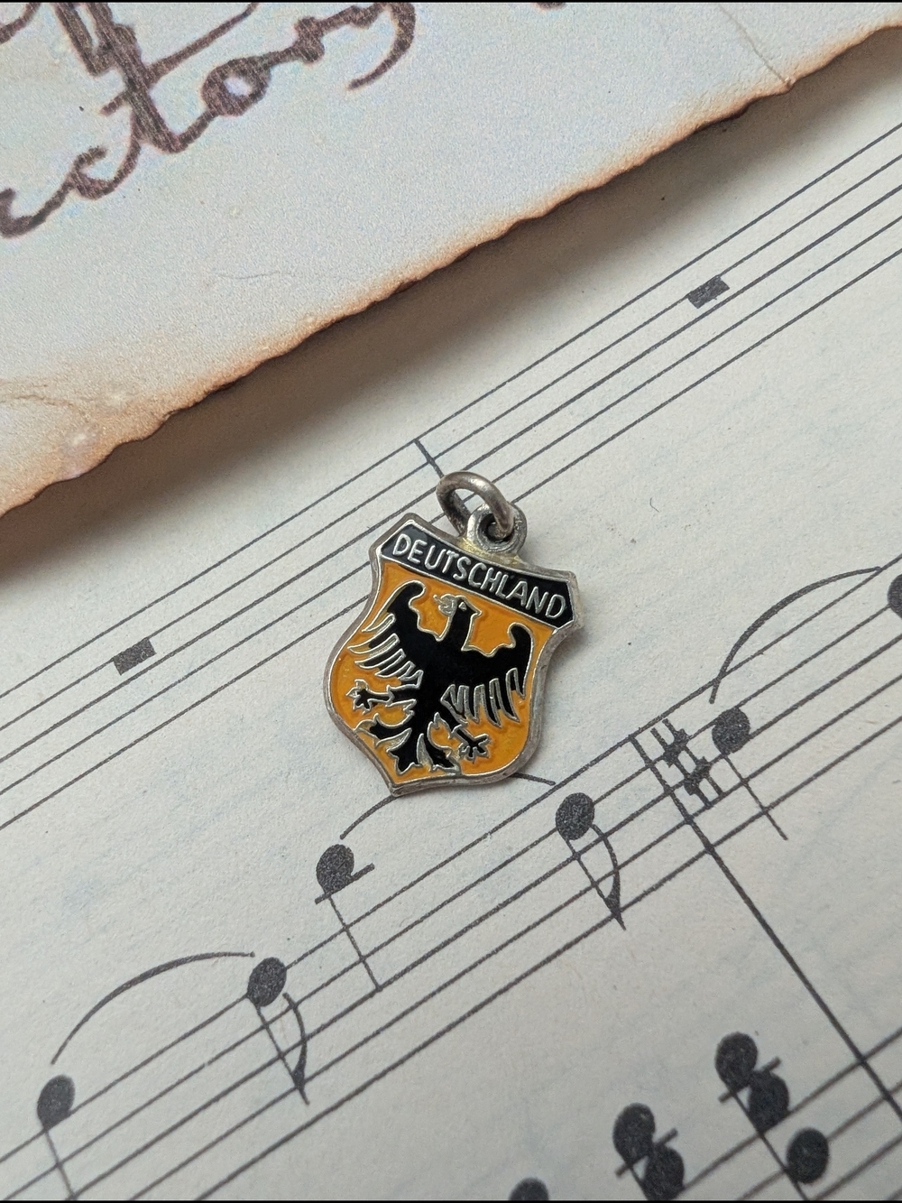 Deutschland Eagle Shield Enamel Charm Black & Gold Stamped Sterling 925